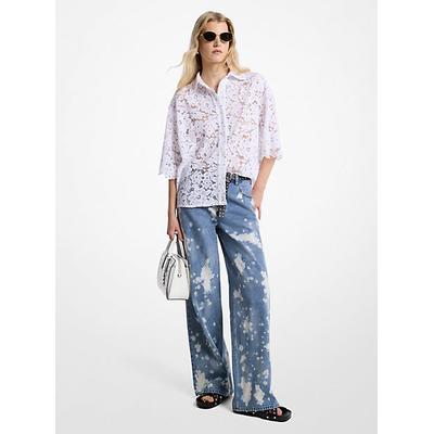 Michael Kors Hand-Splattered Bleach Denim Wide-Leg Jean Blue 0