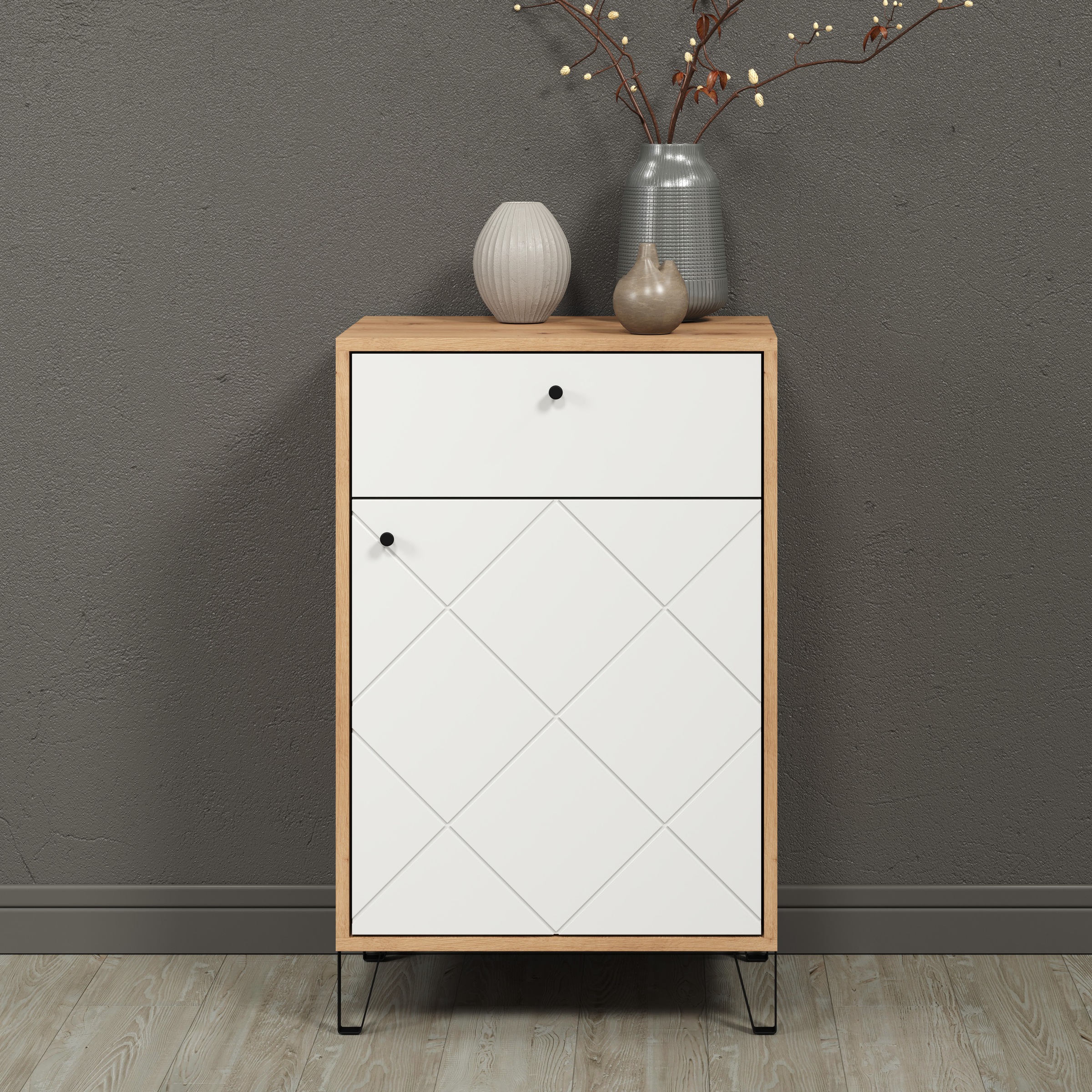 Kommode PLACES OF STYLE "Tarragona", weiß (eiche, weiß), B:63cm H:96cm T:40cm, Holzwerkstoff, Kunststoff, Metall, Sideboards, Kommode, Kommode, Tür, Schublade & Soft-Close - (B/T/H) 63/40/96 cm