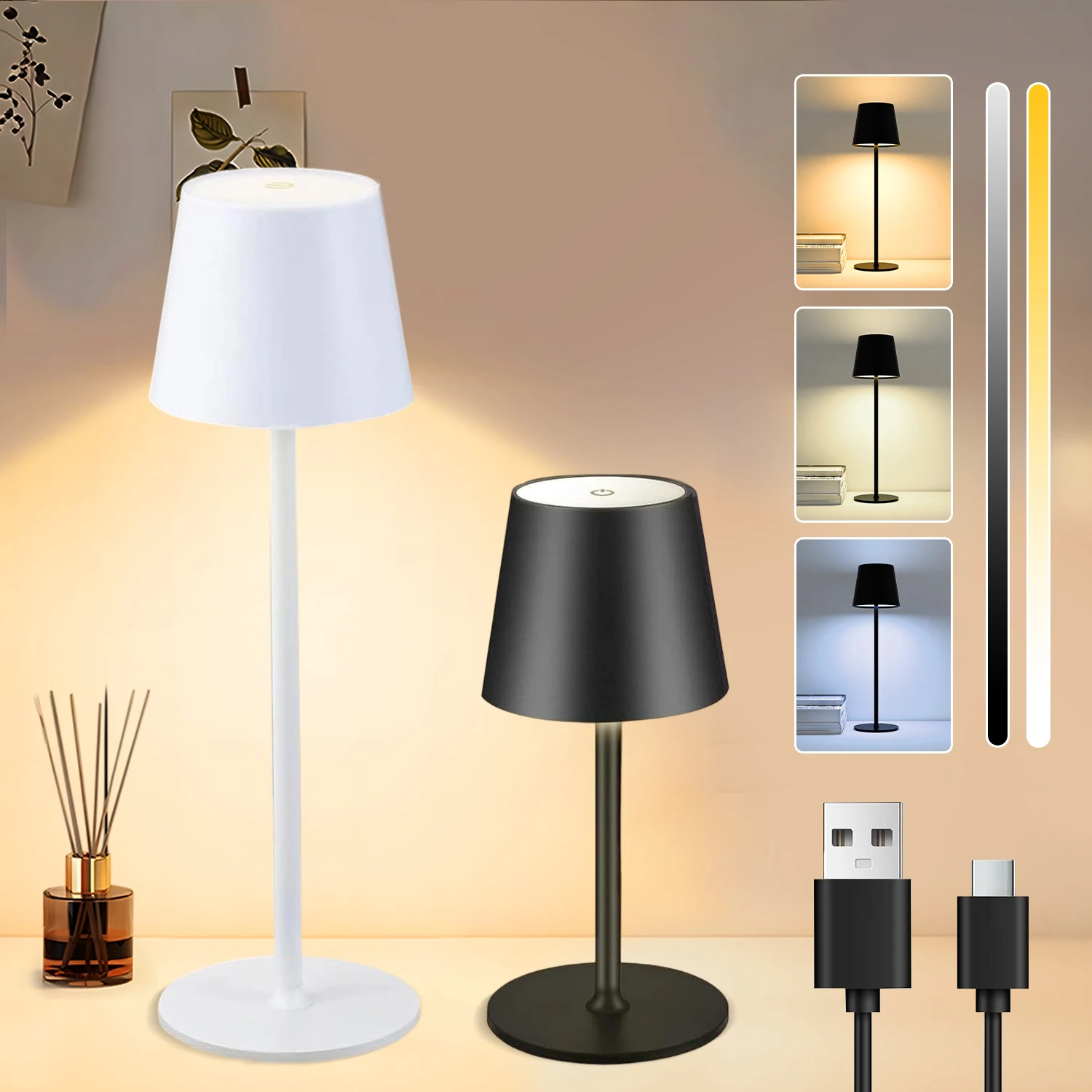 LED-Schreibtischlampe, Touch-Schalter, Tischleuchten, wiederaufladbar, 3 Farben, dimmbar, für Schlafzimmer, Wohnzimmer, Bar, Abendessen, Lesebeleuchtung Image