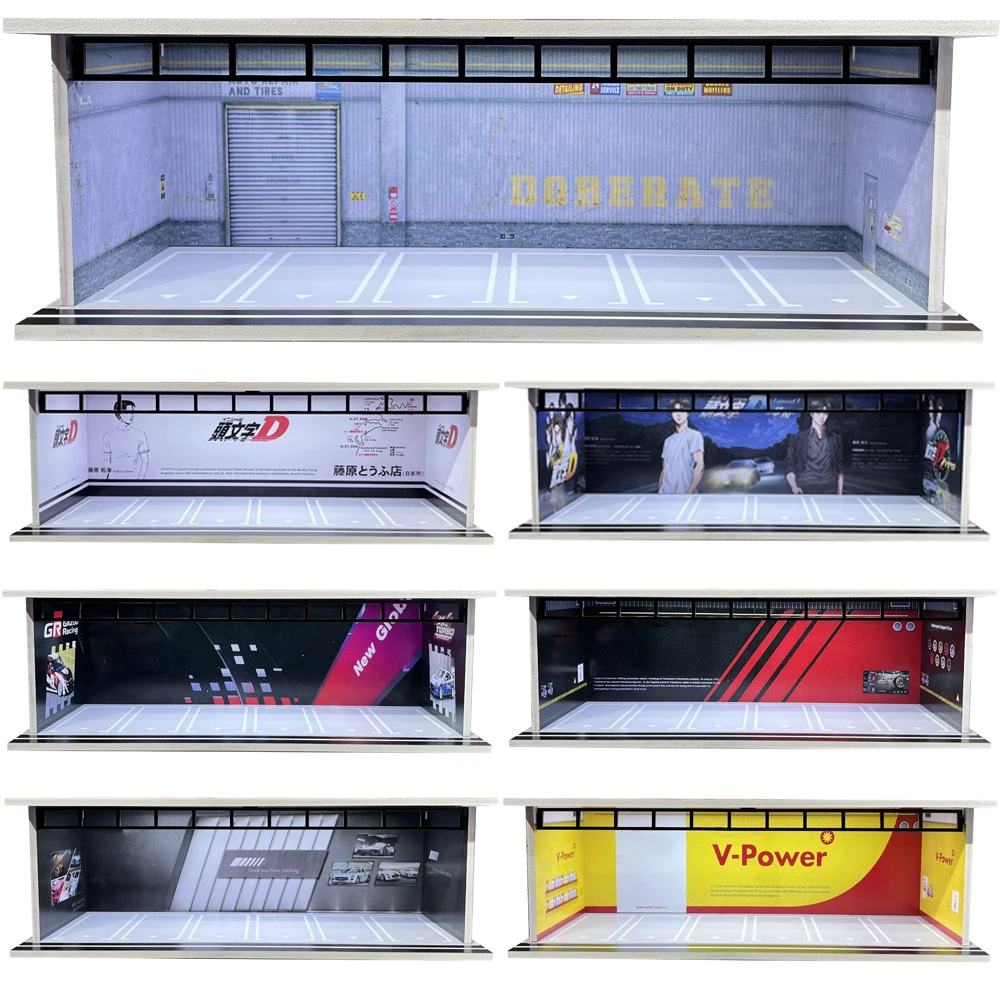 Auto-Garagenmodelle-Set im Maßstab 1:64, LED-Beleuchtung, Parkplatz, Diorama-Szene, Ausstellungsmodell, Vitrine, Acrylabdeckung und LED-Beleuchtung