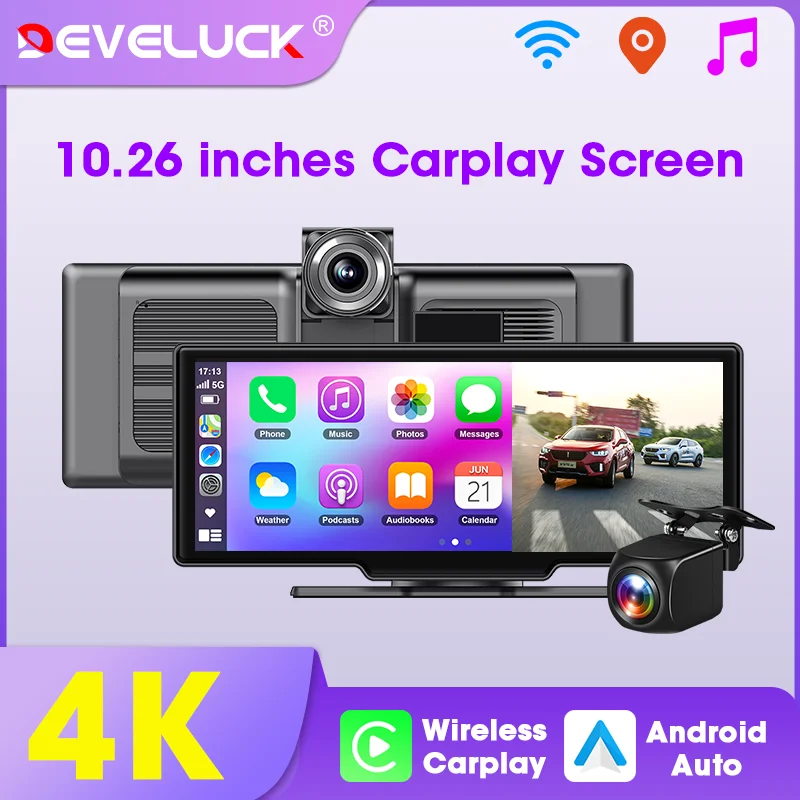 10.26'' Auto-DVR 4K Dash Cam Drahtlos Carplay Android Auto Doppellinsen-Videorekorder Automobilmonitor Rückfahrkamera Armaturenbrett Image