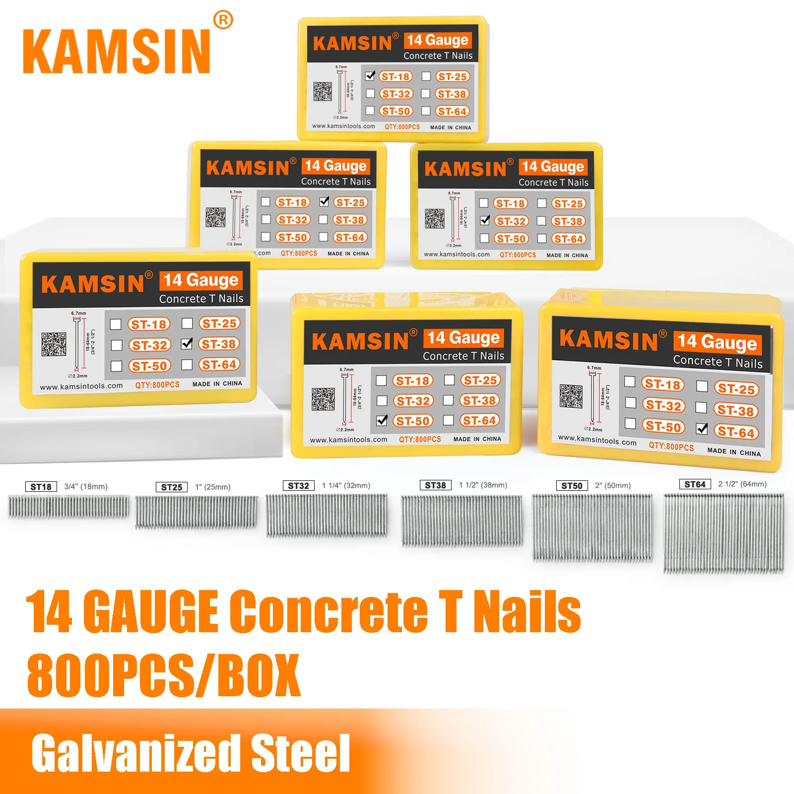 Kimsing 14 Gauge 18-64mm Beton t Nägel für Beton nagler, Kohlenstoffs tahl Material, 800 Stück/Box, für Hartholz nageln Image