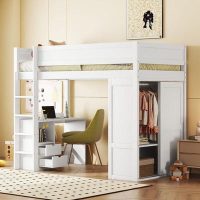 Hochbett 90x200 cm, Kinderbett, Einzelbett mit Kleiderschrank, Schreibtisch und Schubladen, in Image