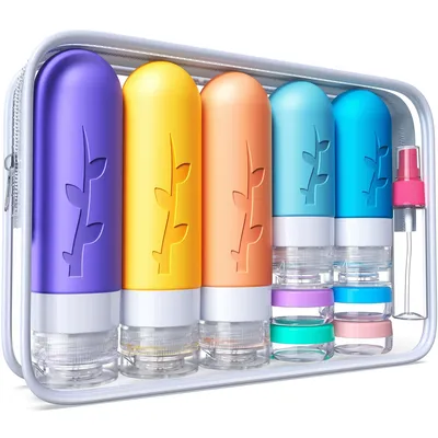 19 leak - proof, refillable silicone travel bottles. TSA - approved, ideal for toiletries like