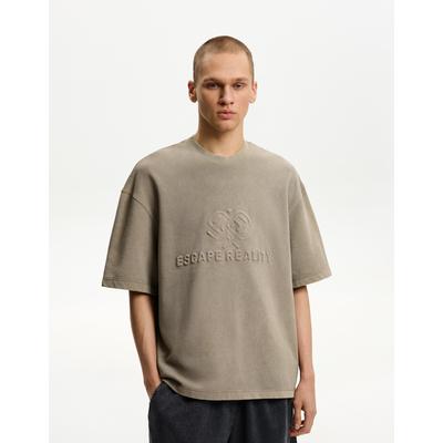 Bershka Embroidered Plush Short Sleeve T-Shirt Men M Camel