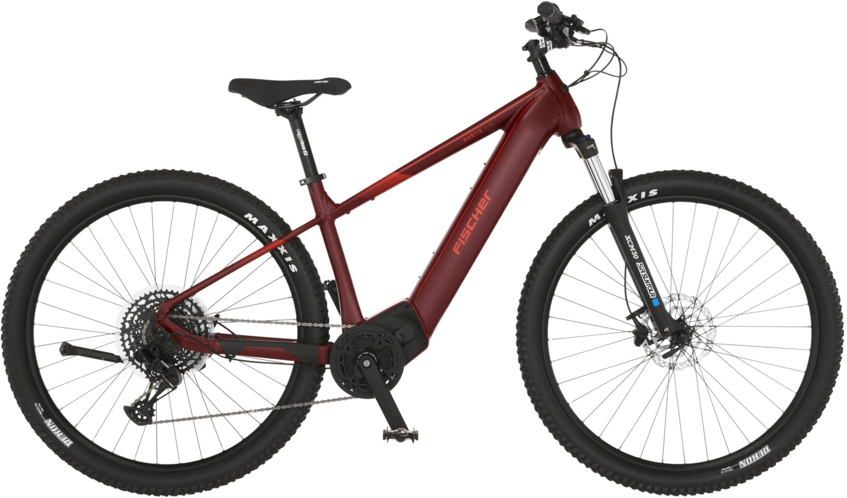 E-Bike FISCHER FAHRRAD "MONTIS 7.0I 630" Gr. 43, rot (purpurrot, schwarz), Elektrofahrräder, 43cm, 29 Zoll (73,66cm), Pedelec, Elektrofahrrad für Damen u. Herren, MTB Image