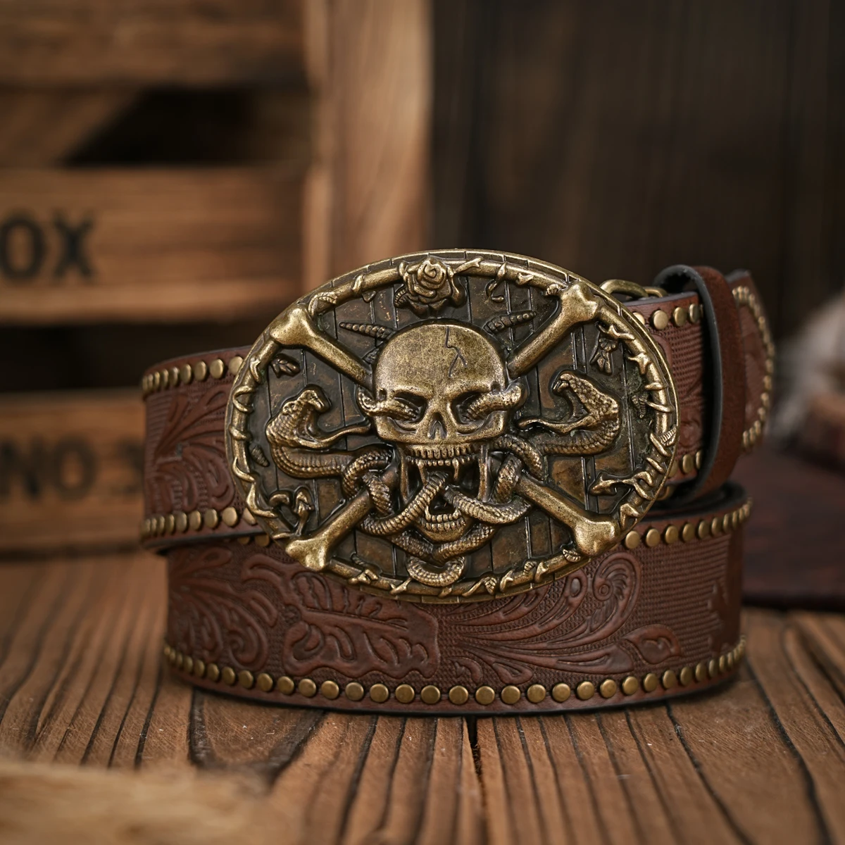Herren – Damen – Western-Denim – PU-Leder – Gürtel – Vintage-Jeans mit geschnitzter Schnallengürtel Image