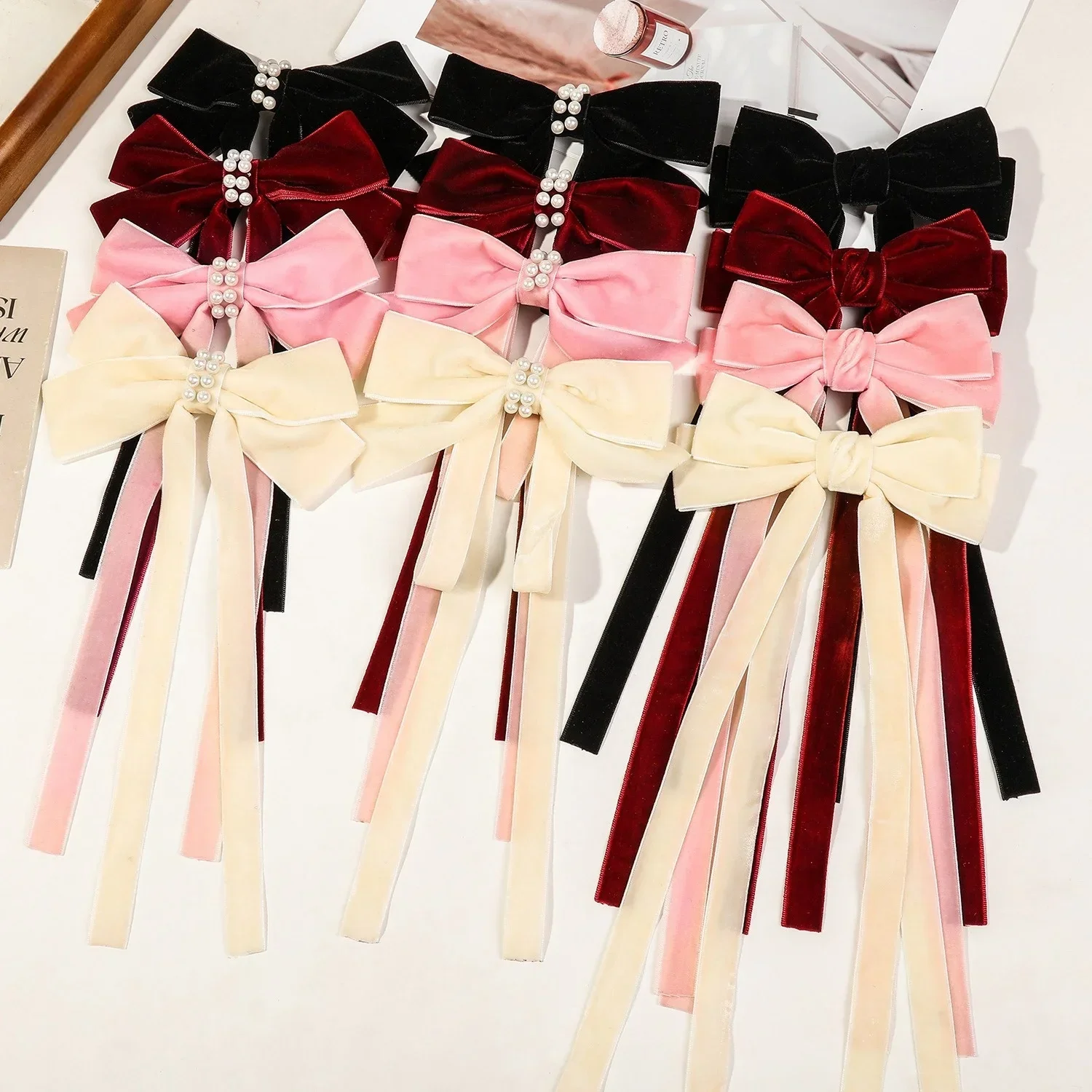 Samtband mit Perle Koreanische Haarspangen für Frauen Elegante Lange Quaste Große Bögen Mädchen Haarnadel Zubehör Herbst Winter Neue Image