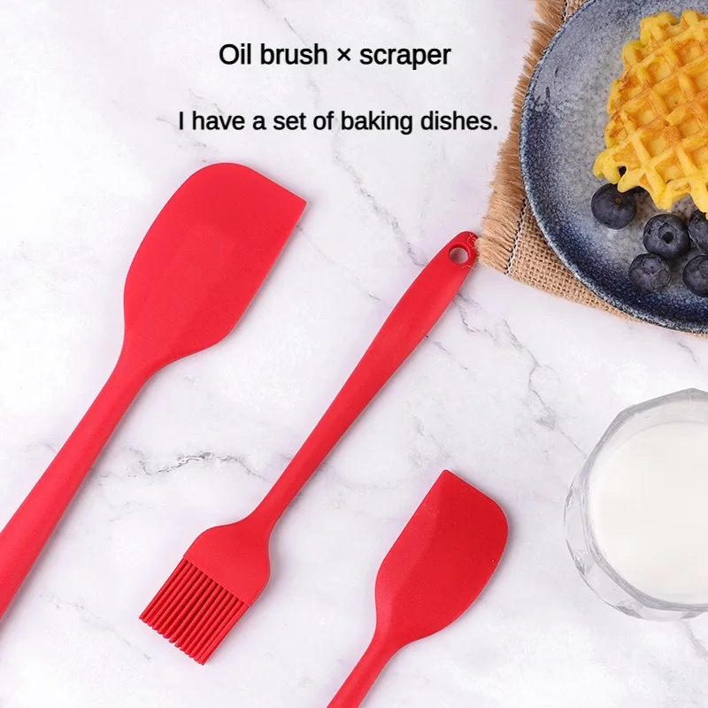3-teiliges Set aus Silikonküchengeschirr, 3-teiliges All-Inclusive-Backwerkzeugset mit Silikonpinsel, Spachtel-Ölpinsel-Set, Kuchenwerkzeuge, großes Scra Image
