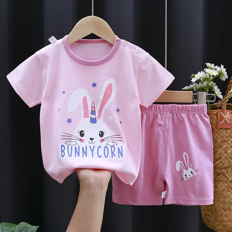 Sommer Mädchen Kurzarm Anzug Cartoon Kaninchen Druck Baumwolle Kinder Mädchen Nachtwäsche T-shirt + shorts 2Pcs Kinder Sets pyjamas 0-4T Image