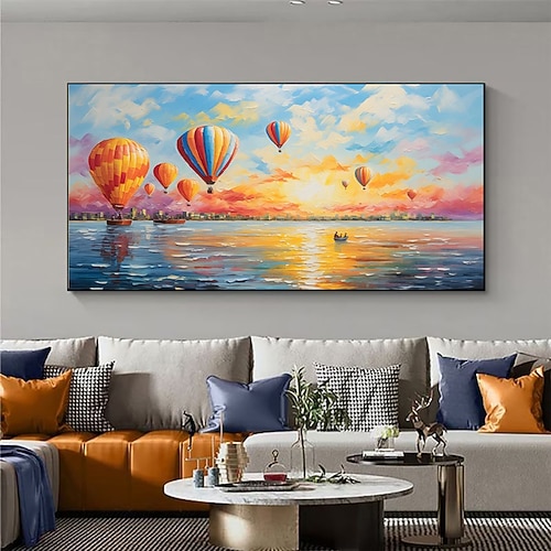 handgefertigtes Ölgemälde auf Leinwand, Wandkunst, Dekoration, moderner, lässiger Stil, abstrakte Heißluftballon-Landschaft am Meer, Urlaub für Wohnzimmer, Heimdekoration, gerolltes, rahmenloses, Image