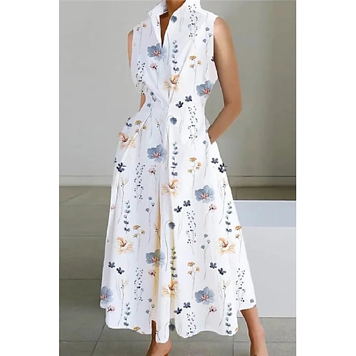 Damen Midikleid Weißes Kleid Trompeten- Meerjungfrauenkleid Druckkleid Mode Teegesellschaft Ausgehen Wochenende Normale Passform Einfach Blume Ärmellos V Ausschnitt Weiß Sahne Orange Beige Sommer Image
