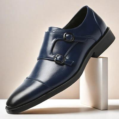 Men's Burgundy Double Monk Strap Faux Leather Shoes - Elegant Slip-On Dress Shoes for Weddings Formal Occasions