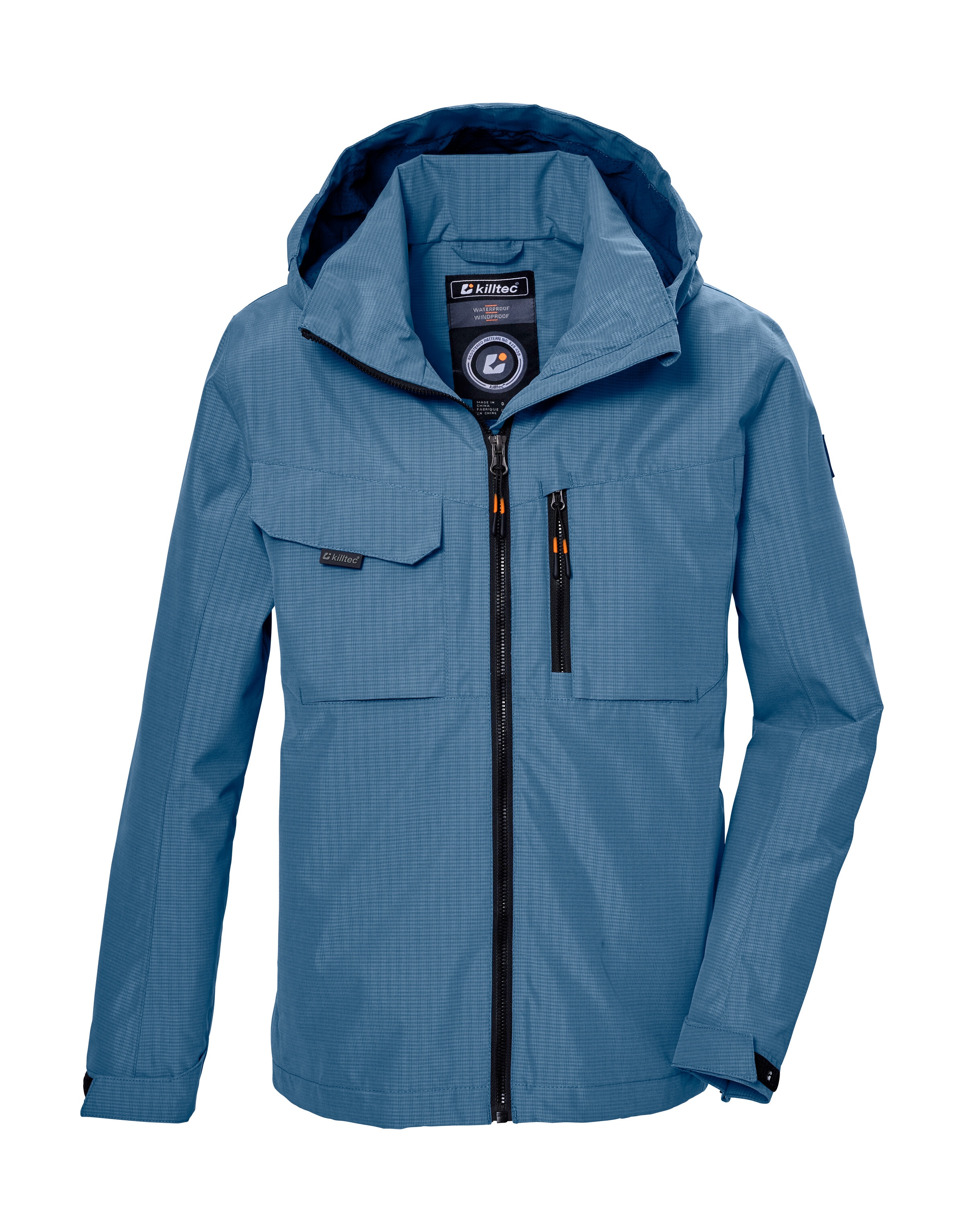 Funktionsjacke KILLTEC "KOS 140 BYS JCKT", Kinder, Gr. 164, blau (denim), Oberstoff: 100% Polyester, Futter: 100% Polyester, Jacken, Wasserdichte Jacke mit verstellbarer Kapuze, PFAS-frei imprägniert Image