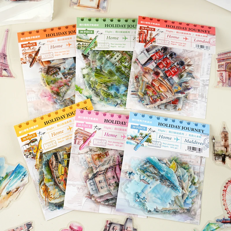 30 Stück/Packung PET Clear Sticker Bag Travel Around World London Paris Swiss Thai Malediven Landschaft Journaling Scrapbook Collagen Image