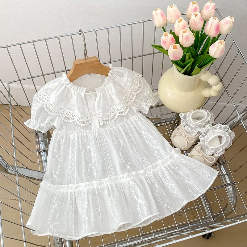 2023 sommer Neue Baby Mädchen Kleid Mädchen Süße Mädchen Kleid Weiß Party Rüschen Trim Party Prinzessin Kleid Spitze Kragen Kleider kleidung Image