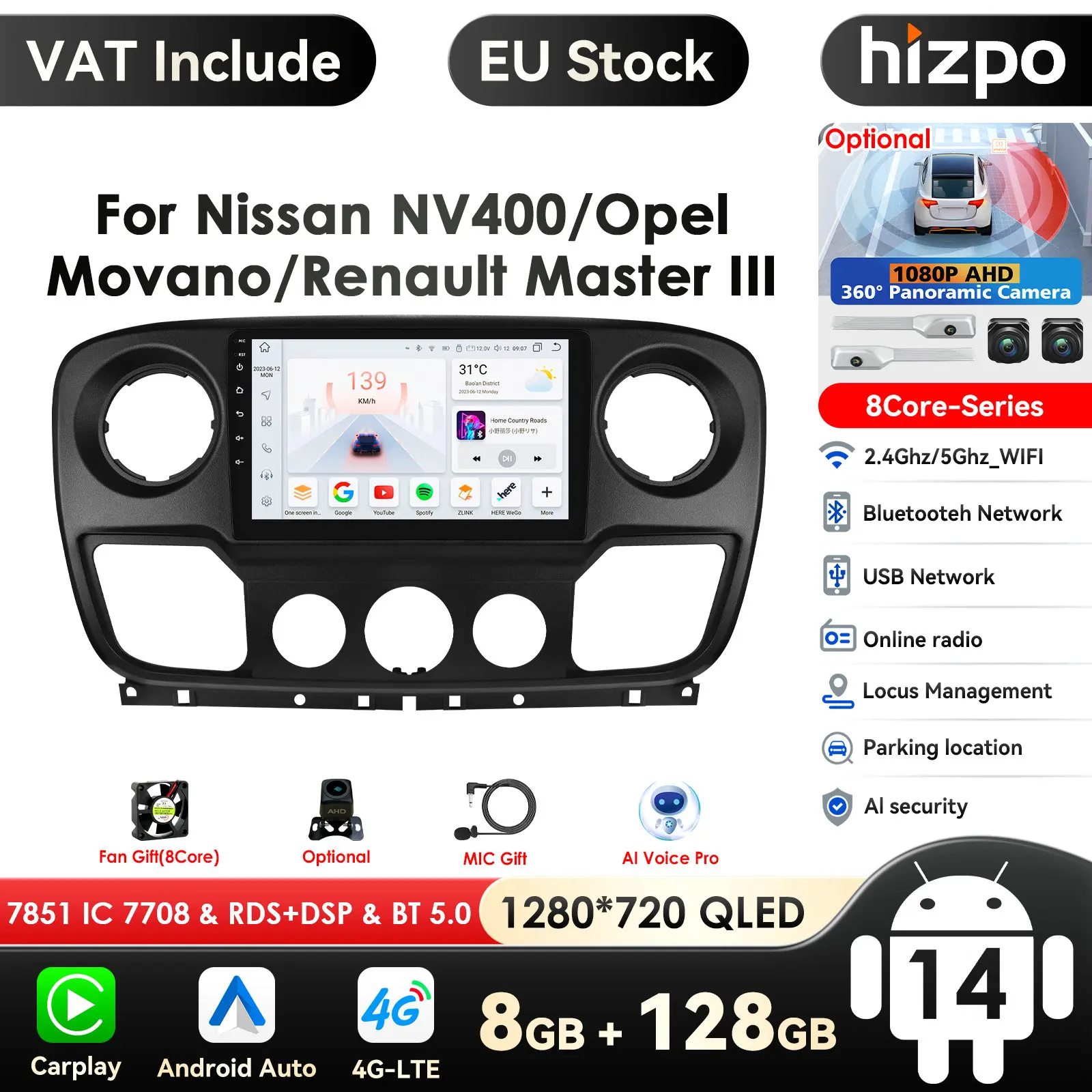 Hizpo 10,1 Zoll Android Auto Multimedia-Player für Nissan NV400 2010-2016 für Opel Movano für Renault Master III 2019 Carplay 4g Image