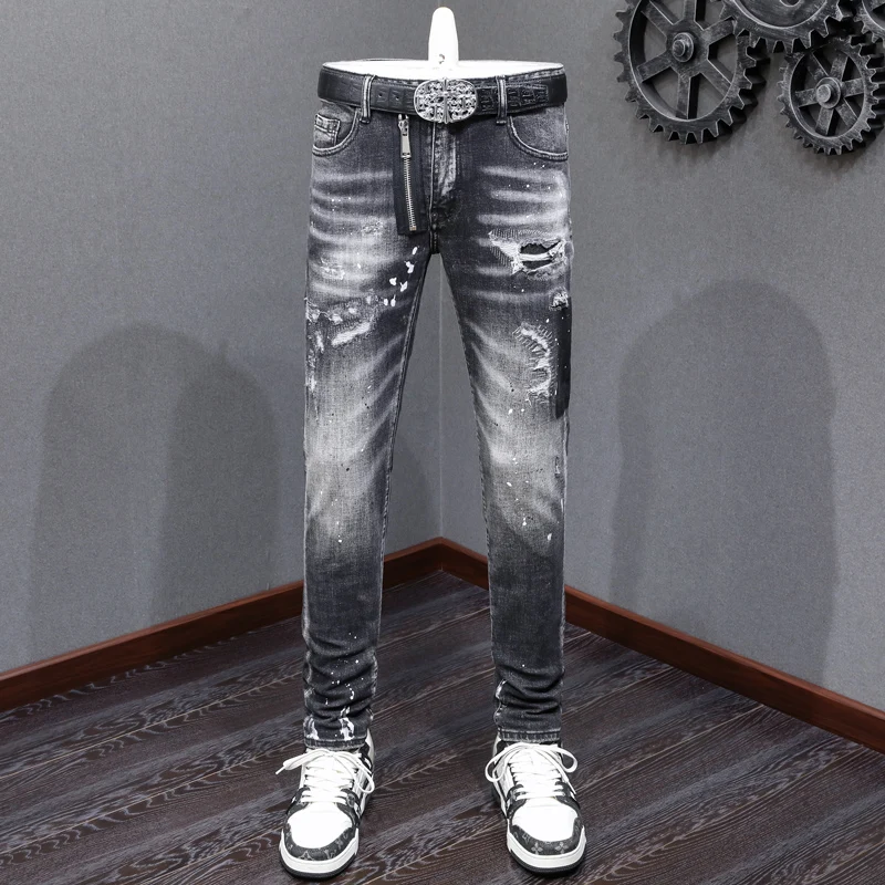 Street Fashion Männer Jeans Retro Schwarz Grau Stretch Skinny Fit Gemalt Zerrissene Jeans Männer Zipper Designer Marke Hip Hop Denim Hosen
