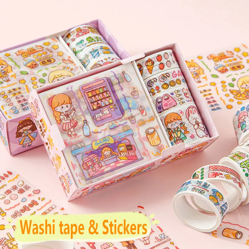 8-teiliges Kawaii Washi Tapes und Aufkleber-Set, japanisches Papier, Abdeckband, Tagebuch, Dekoration, Schulbedarf, Schreibwaren Image