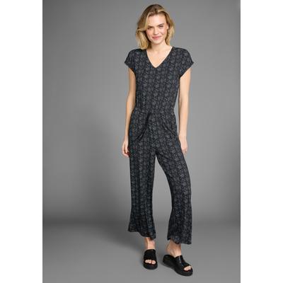 Jumpsuit LAURA SCOTT, Damen, Gr. 36, N-Gr, schwarz (schwarz, mint), Jersey, Obermaterial: 95% Viskose, 5% Elasthan, gemustert, casual, bequem 7/8-Länge, V-Ausschnitt, Kurzarm angeschnitten, Overalls, mit filigranem Alloverprint Image