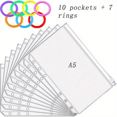 TEMU 10pcs A5/a6 Binder Pockets 6 Holes+7pcs Binder Rings, Budget Cash Envelopes Clear Zipper Folders For 6-ring Budget Binder Notebook, Bags, Waterproof Pvc Pouch Organizer