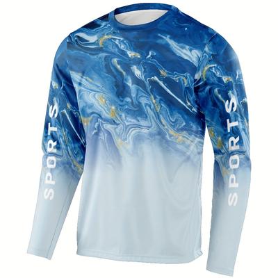 TEMU Men's Geometric Print Sun Protection Shirt, Active Long Sleeve Crew Neck Rash Guard For Fishing Hiking Outdoor