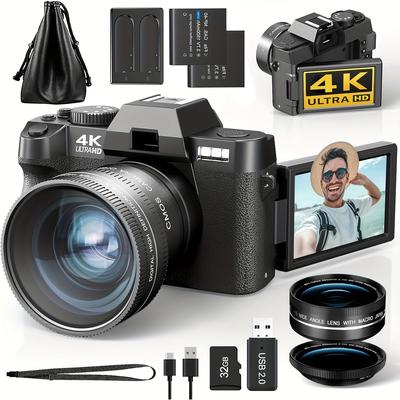 TEMU 48mp Digital Cameras For Photography With Wifi & App Control, 4k Vlogging Camera For Youtube With 16x , Anti-shake, 32gb Tf Card, Dual Batteries, 52mm & Macro Lens ( Black)