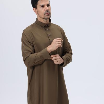 TEMU Al Elegant Men's Arabian Kaftan Dress - Long Sleeve, Collar, Front, Maxi Length, Solid Color, Polyester, Machine Washable