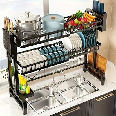 TEMU 2/3-layer Expandable Stainless Steel Large Sink Bowl Rack Above Sink - Space-saving Kitchen Organizer With Cutlery Rack And Construction - Kitchen Countertop, Black