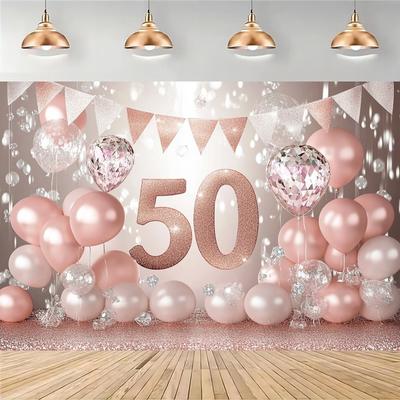 TEMU 1pc 50th Birthday Party Banner, Rose Golden Balloons And , Polyester, Sizes 39×59in .8×90.5in - Ideal For Home Decor, Room Decor, Wedding, Christmas, Photo Booth Props Image