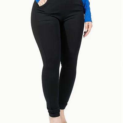 TEMU Women's Plus Size High-waist Stretchy Yoga Pants With Pockets - Black, Comfortable & Breathable For Fitness, Sports, And Casual Wear, Workout Leggings | Stretchy Fabric | Functional Pockets Image