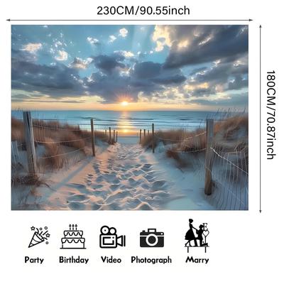 TEMU 1pc Polyester Beach Sunset Scene Backdrop Banner, Coastal Seaside Landscape Wall Decor, And Ocean Themed Party Supplies For Indoor/outdoor Celebrations, Birthday, Anniversary Decorations Image