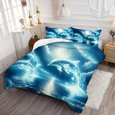 TEMU 2/3pcs Cute Dolphin Pattern Printed Bedding, Soft And Breathable, With 1/2 Matching Pillowcases - No Filling, 1 Quilt Cover + 1/2 Pillowcases, No , Suitable For Bedroom Or Comfortable Sleep Image