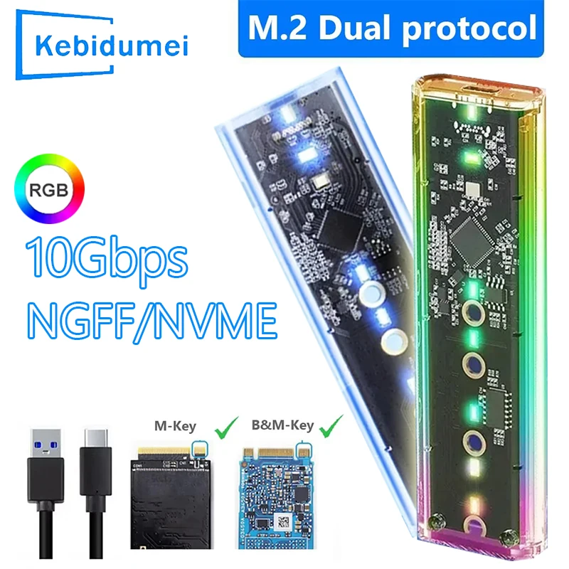 RGB M.2 NVME PCIe /NGFF SATA /Dual Protocol SSD-Gehäuse Klare USB Typ C 10 Gbit/s M2 SSD Transparentes externes Gehäuse Festplattenbox Image