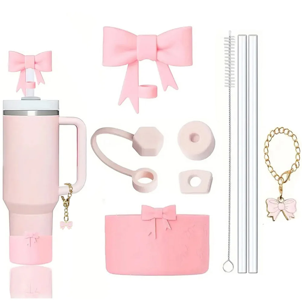 9-teiliges Zubehör-Set für Tumbler-Cups, enthält auslaufsicherer Stopper, Strohhalm, Schleife, Charm-Kette, Silikon-Stiefel-Stroh-Abdeckung für Stanley Cup Image