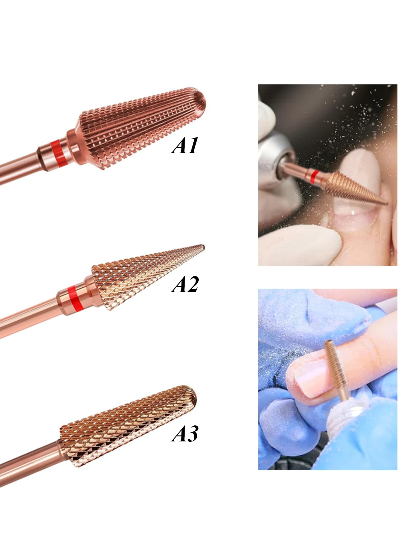 3 Different Functions Tungsten Steel Grinding Heads Rose Gold Manicure Tools Image