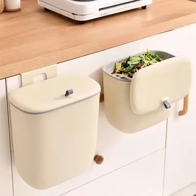 1pcs，Plastic Wall-mounted Trash Can Sliding Lid with Lid Bathroom Kitchen Cabinet Door Hanging Can Be Pasted Hook Trash Can