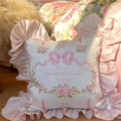 Square Pillow with Core Pink Rose Bowknot Sofa Cushion Girl's Lace Cushion Cotton Decorative Pillow for Bedroom and Living Room