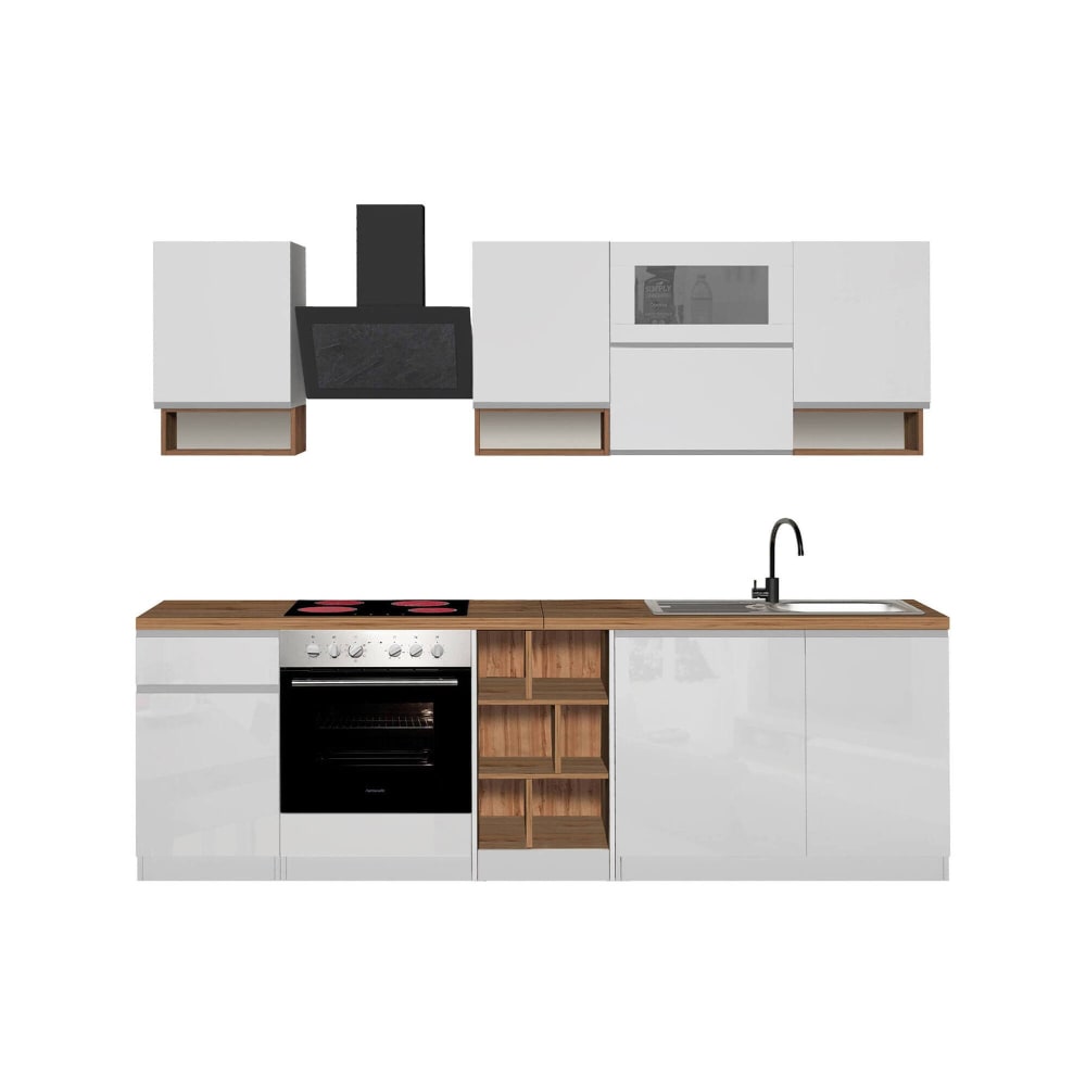 Cuisine complète effet bois blanc brillant, chêne clair 255x60h85 cm