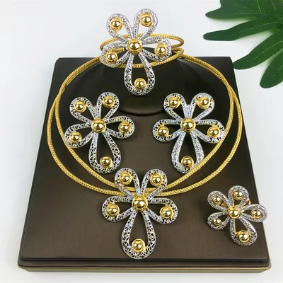 High Quality 18K Gold Plated Fashion Jewelry Set Colored Earrings Bracelet Necklace Ring 4PCS Set Jewelry Wedding Party Gift