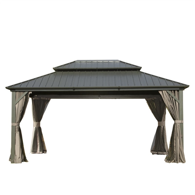 12' X 14' Hardtop Gazebo, Aluminum Metal Gazebo with Galvanized Steel Double Roof Canopy, Curtain and Netting