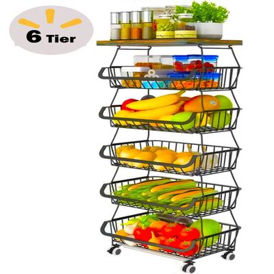 6-Tier Fruit Basket Rack, Stackable Wire Basket Cart with Solid Wood Top - 15.8x12x45.5