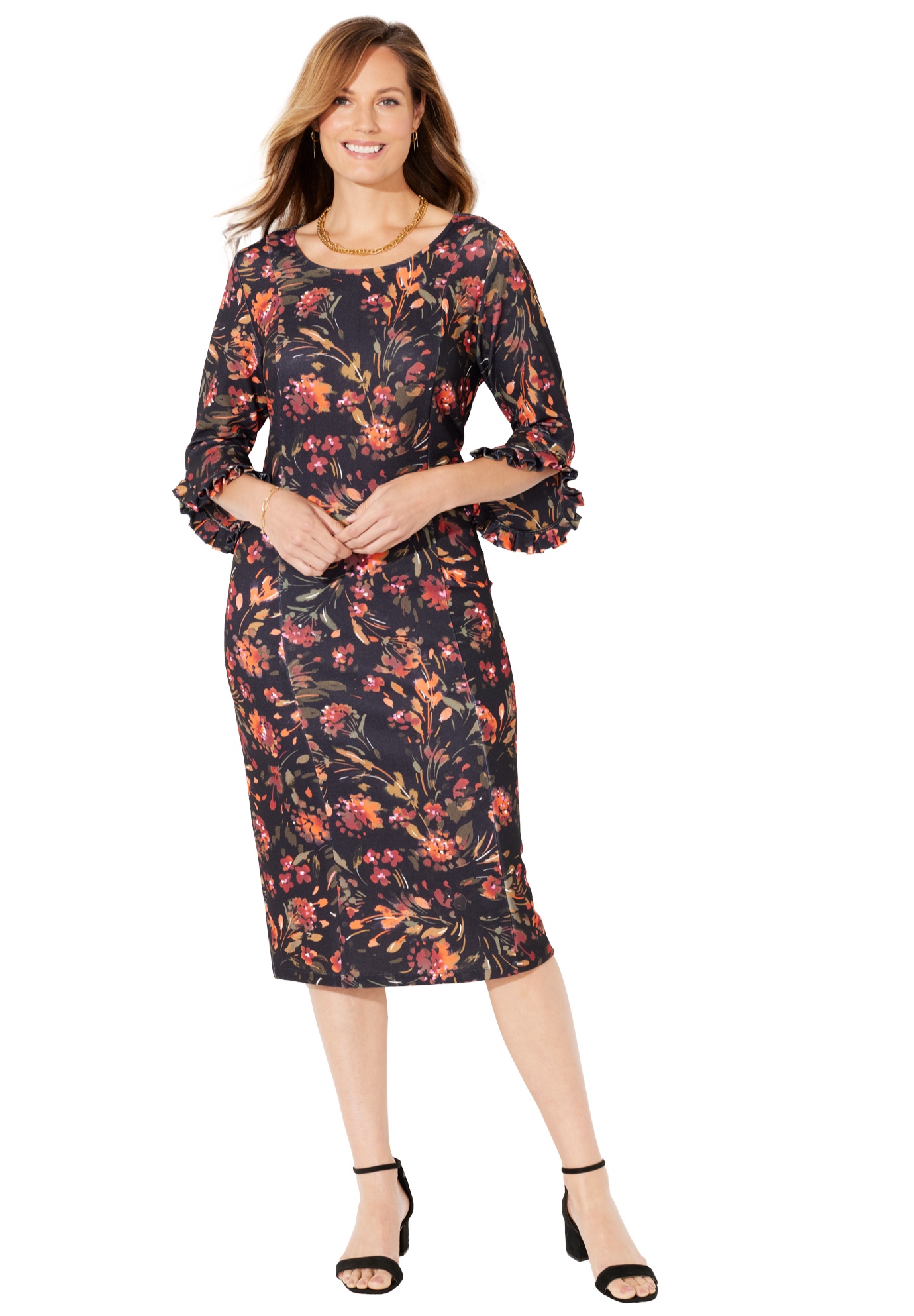 Plus Size Women's Ruffle Sleeve Shift Dress by Catherines in Black Floral (Size 4X)