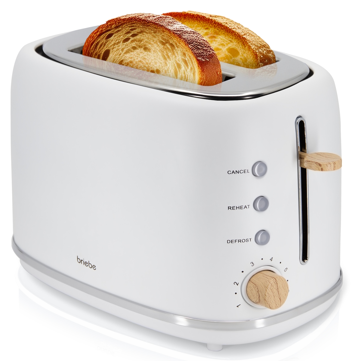 Briebe Nordic Toaster 2 Scheiben Breite Schlitze mit Brötchenaufsatz, 6 Toast Stufen, TA1166WHT, Weiß, 870W Image