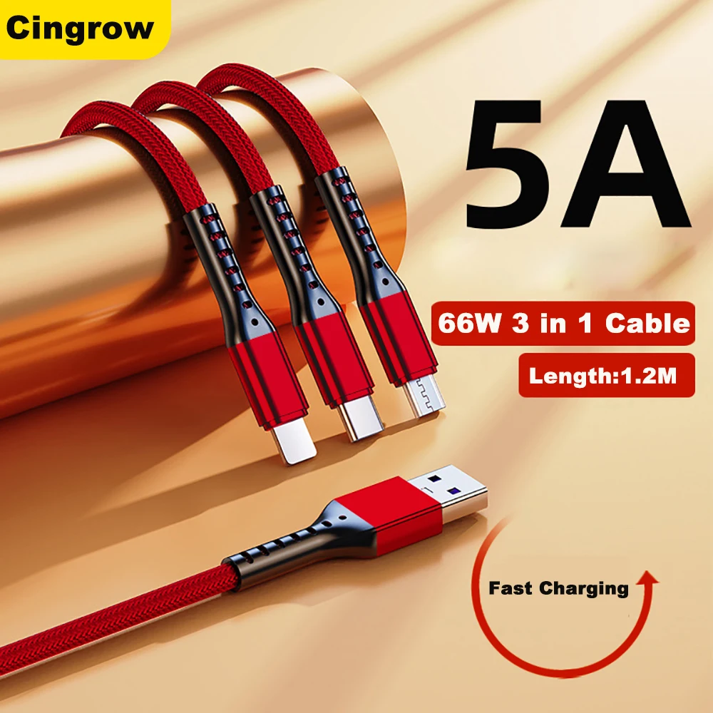 3-in-1-Schnellladekabel für iPhone und Android, USB, langlebiges Kabel, 5 A, Schnellladung, Typ-C-Aufladung für universelle Mobiltelefone Image