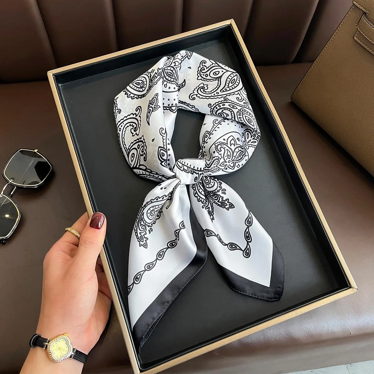 Imitation Silk Scarf Women Hair Bands Neck Wraps Ribbon Square Hijab Scarves Bandana Fashion Print Image