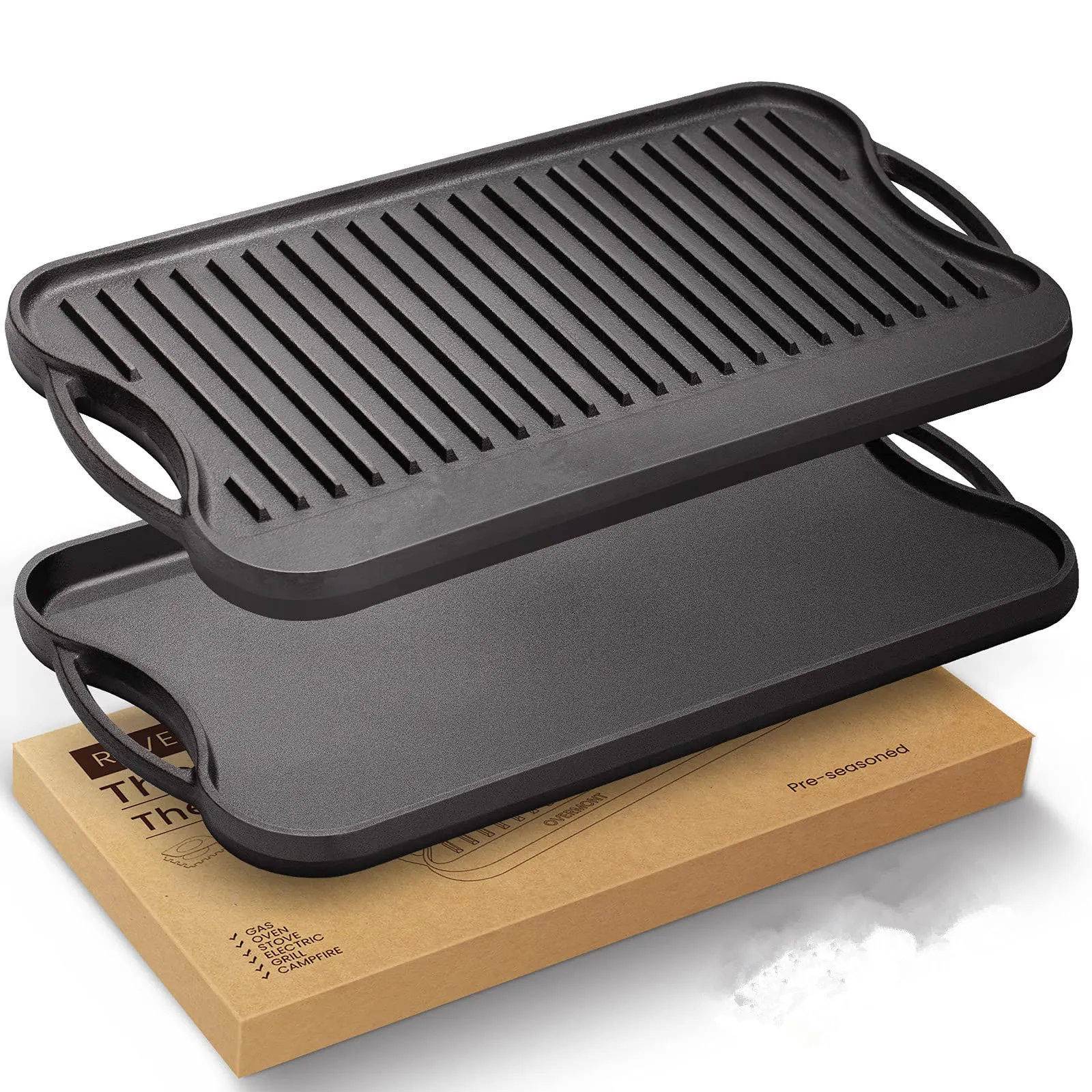 Vorgewürzter, wendbarer rechteckiger Grill aus Gusseisen, Zwei-in-Eins-Grillplatte, 50,8 x 25,4 cm, für Bratpfanne mit gebratenem Steak und gebratenem Ei Image