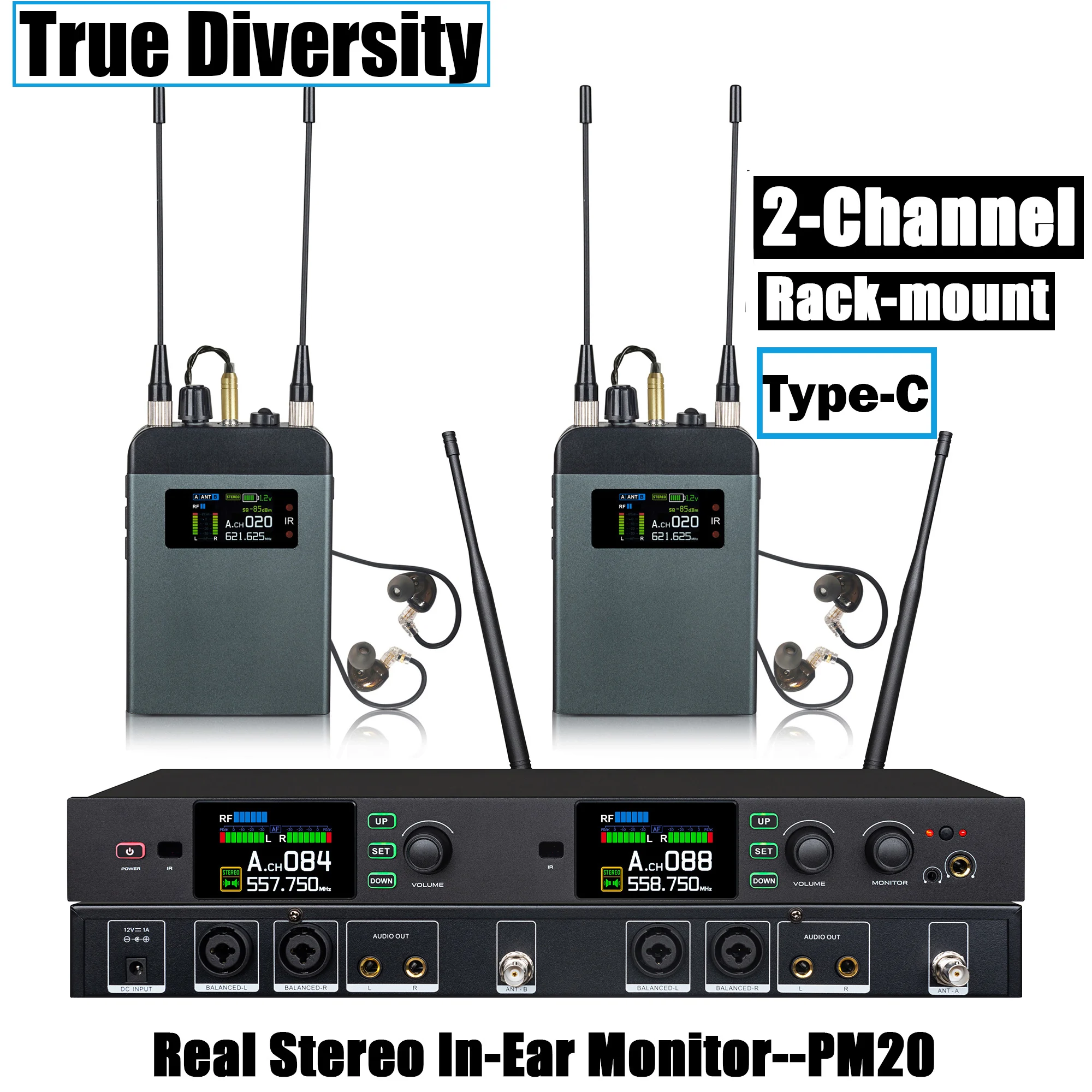 Leicozic PM20 2-Kanal-In-Ear-Monitorsystem Typ-C-Empfänger Drahtlose Stereo-Bühnenrückführung 150 m klarer Klang für Bühnen-Sänger Image