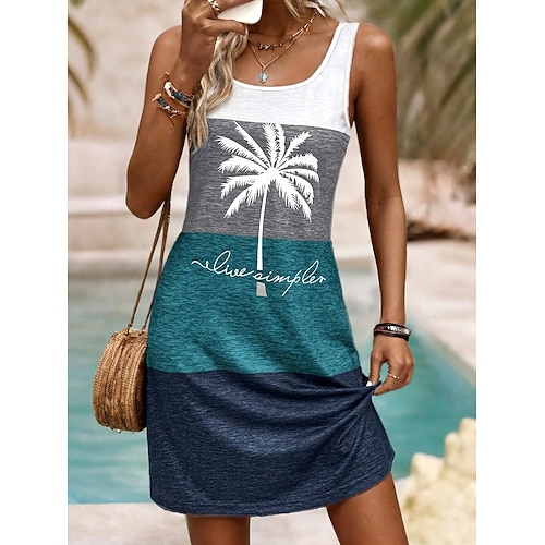Abito Mini Donna Abito A Line Abito Estivo Abito Off The Shoulder Vacanza Quotidiano Fit Largo Grafica Lettere Tropicale Senza Maniche Collo U Blu Scuro Estate Primavera