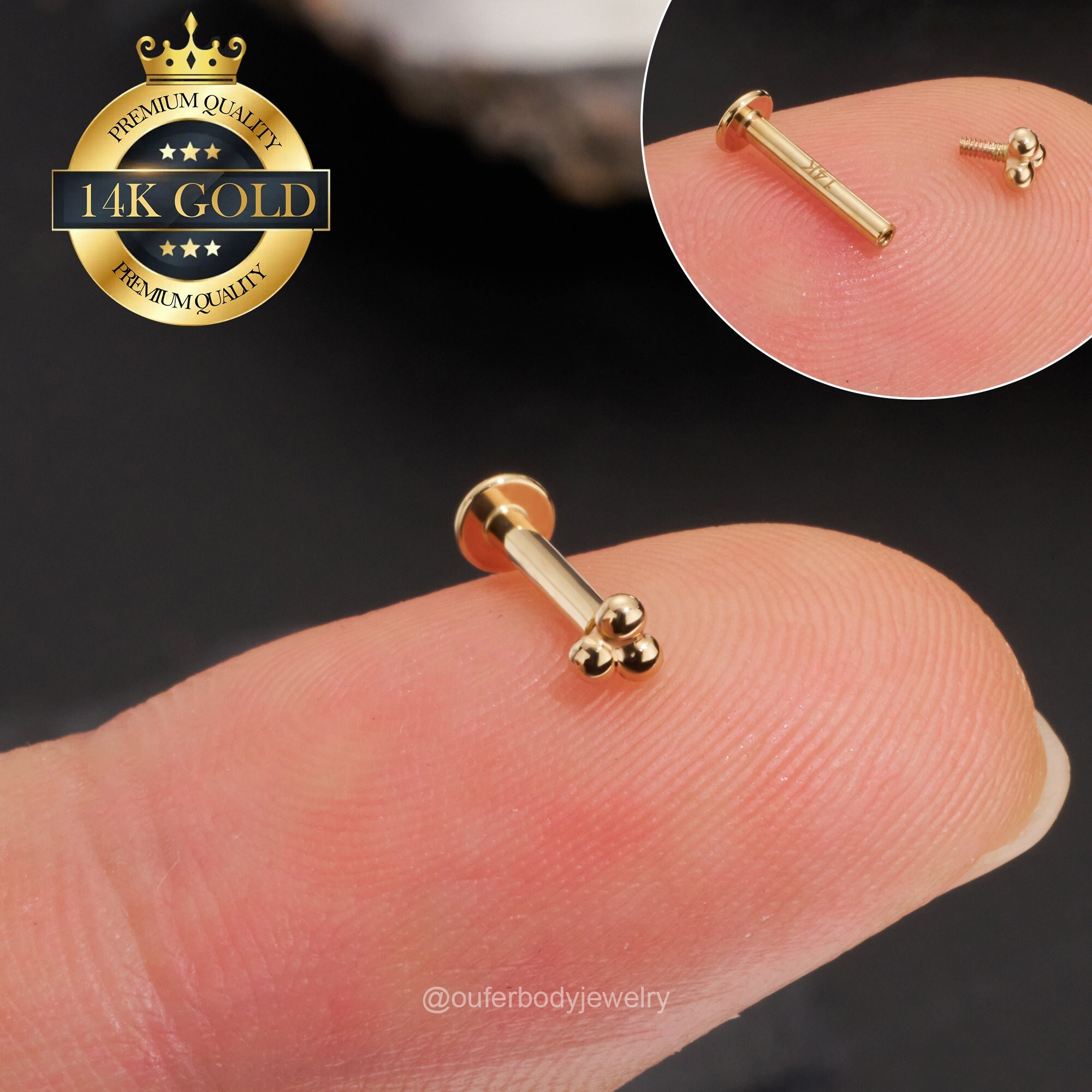 Orecchino a perno Tiny Trinity Beads in oro massiccio 14 carati/piercing labret con filettatura interna 16G/orecchino per cartilagine/orecchino per tr